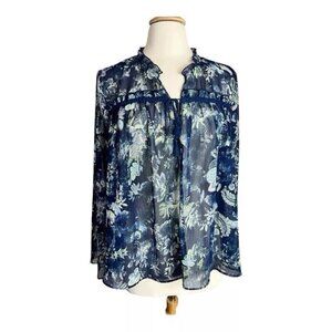 a.n.a. Ruffle Top Women XL Navy White Floral Sheer Blouse Wide Flare Sleeve